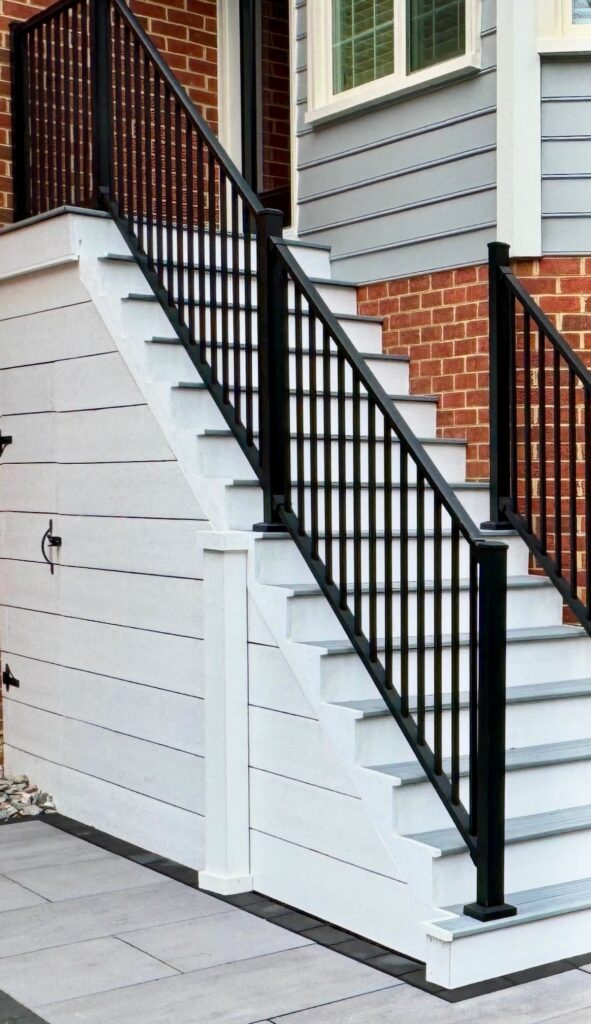 Modern exterior staircase built with composite steps and black aluminum railing leading to a brick and siding Virginia home.