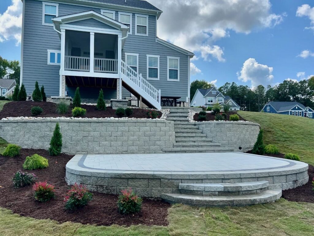 Tiered retaining wall with paver patio
